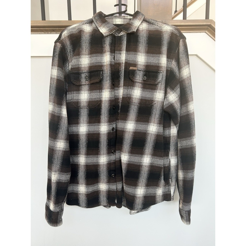 Orvis Mens Heavyweight Flannel Shirt‎ Jacket Brown Plaid Shacket Size Large XL